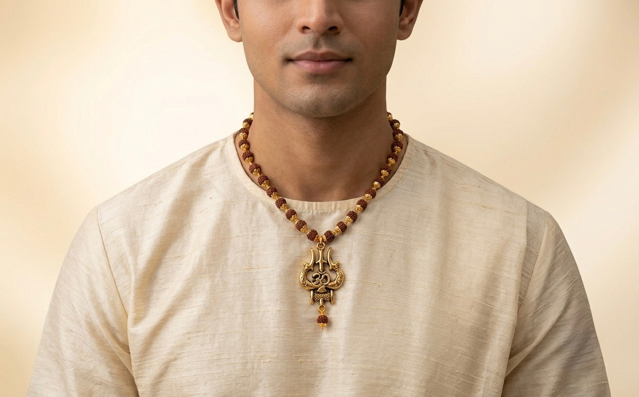 mahakal locket with rudraksh mala, trishul damru om gold plated pendant