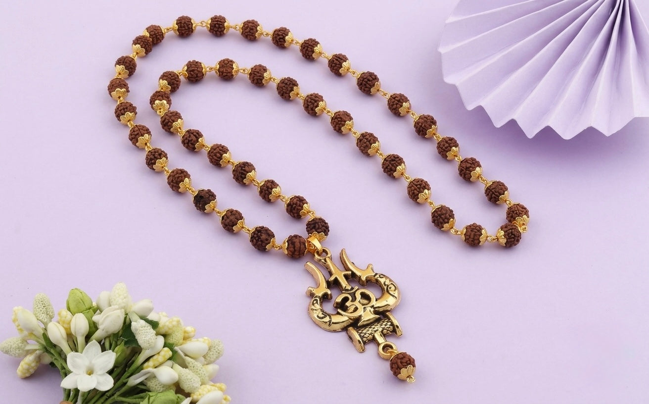 mahakal locket with rudraksh mala, trishul damru om gold plated pendant