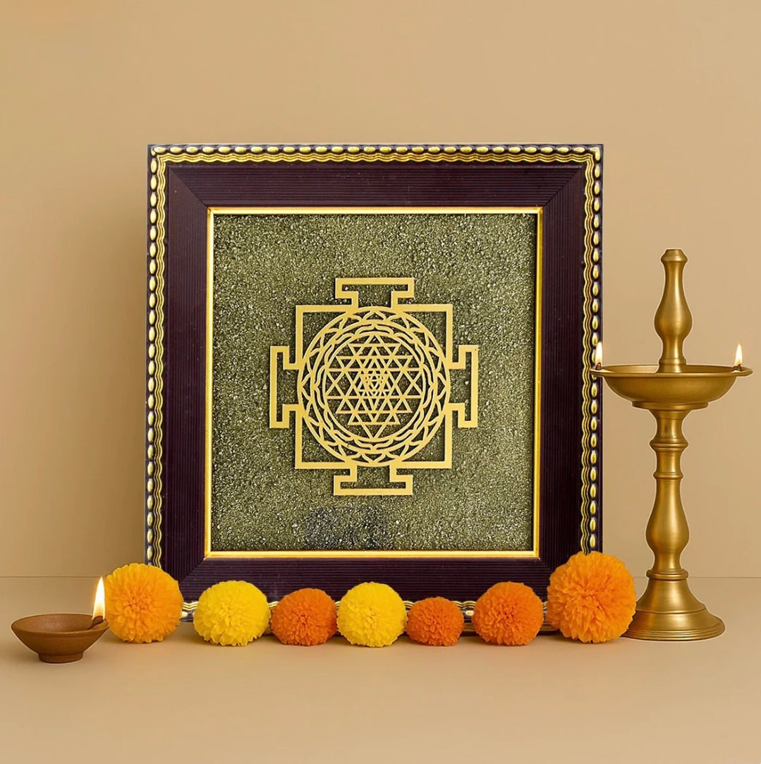 Shree Yantra on Raw Pyrite Frame