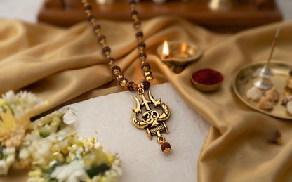 mahakal locket with rudraksh mala, trishul damru om gold plated pendant