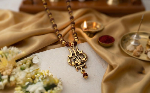 mahakal locket with rudraksh mala, trishul damru om gold plated pendant