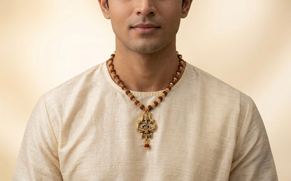 mahakal locket with rudraksh mala, trishul damru om gold plated pendant