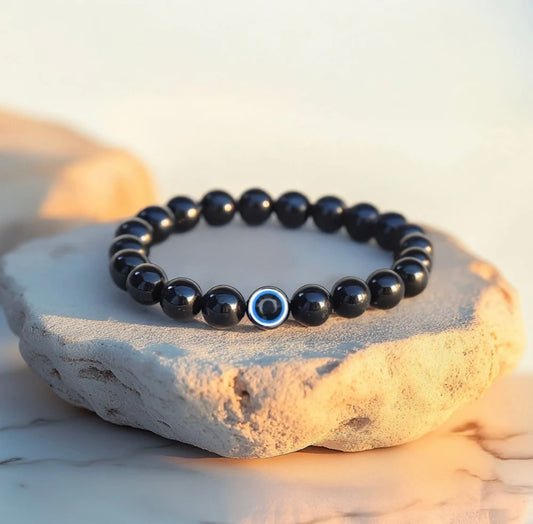 Evil eye bracelet with black obsidian crystal