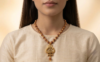 mahakal locket with rudraksh mala, trishul damru om gold plated pendant
