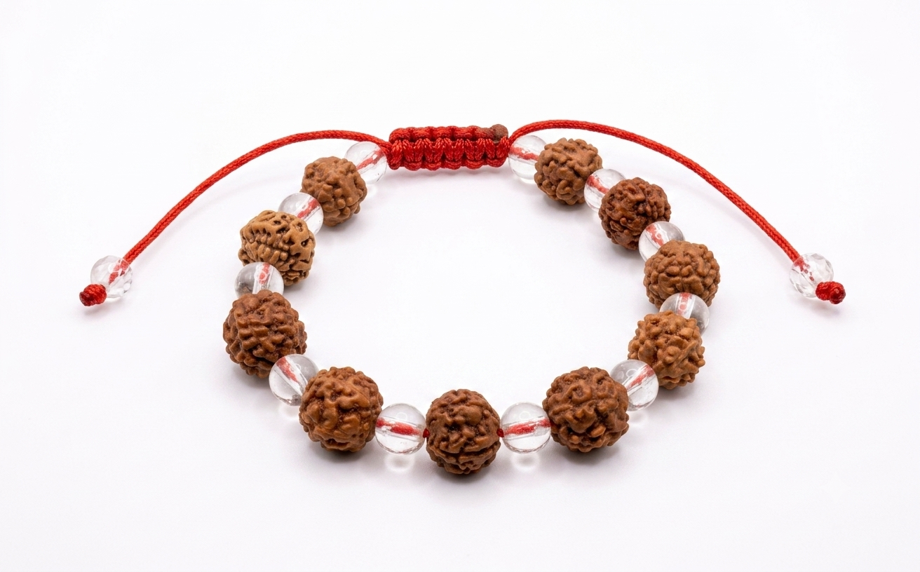 Rudraksh bracelet with crystal for men & women- 5 mukhi & clear quartz