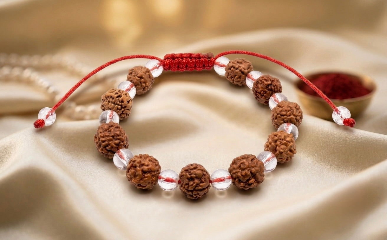 Rudraksh bracelet with crystal for men & women- 5 mukhi & clear quartz