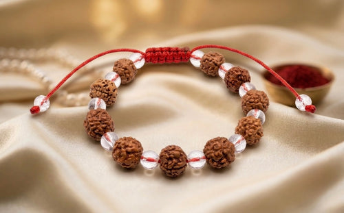 Rudraksh bracelet with crystal for men & women- 5 mukhi & clear quartz